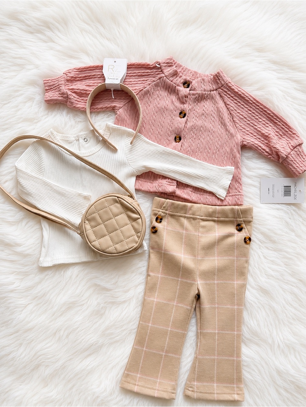 Rachel Zoe Pink Knit Cardigan Set with Beige Accessories